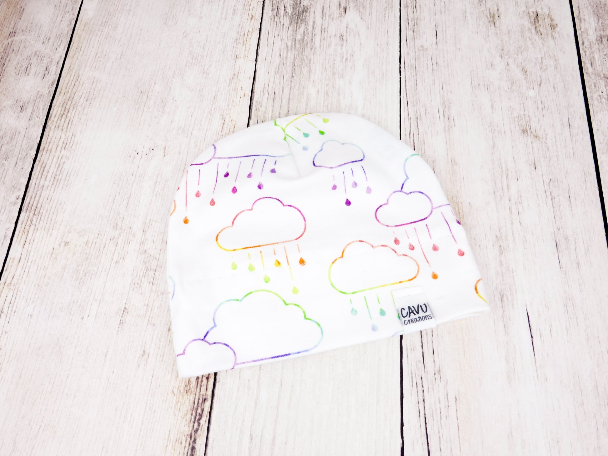 Clouds + Rain Organic Beanie - Rainbow Prismatic on White - CAVU Creations