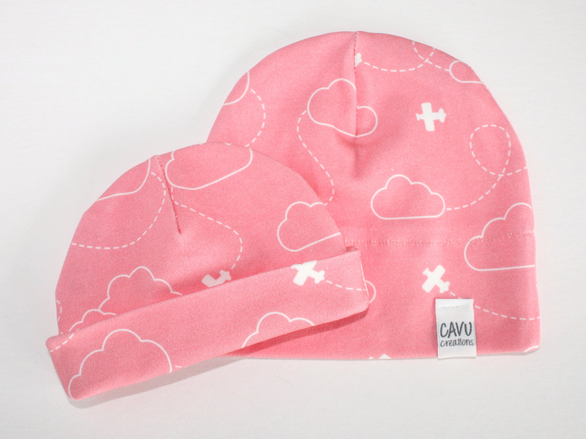 Airplanes in Clouds Organic Beanie - White / Coral Pink - CAVU Creations