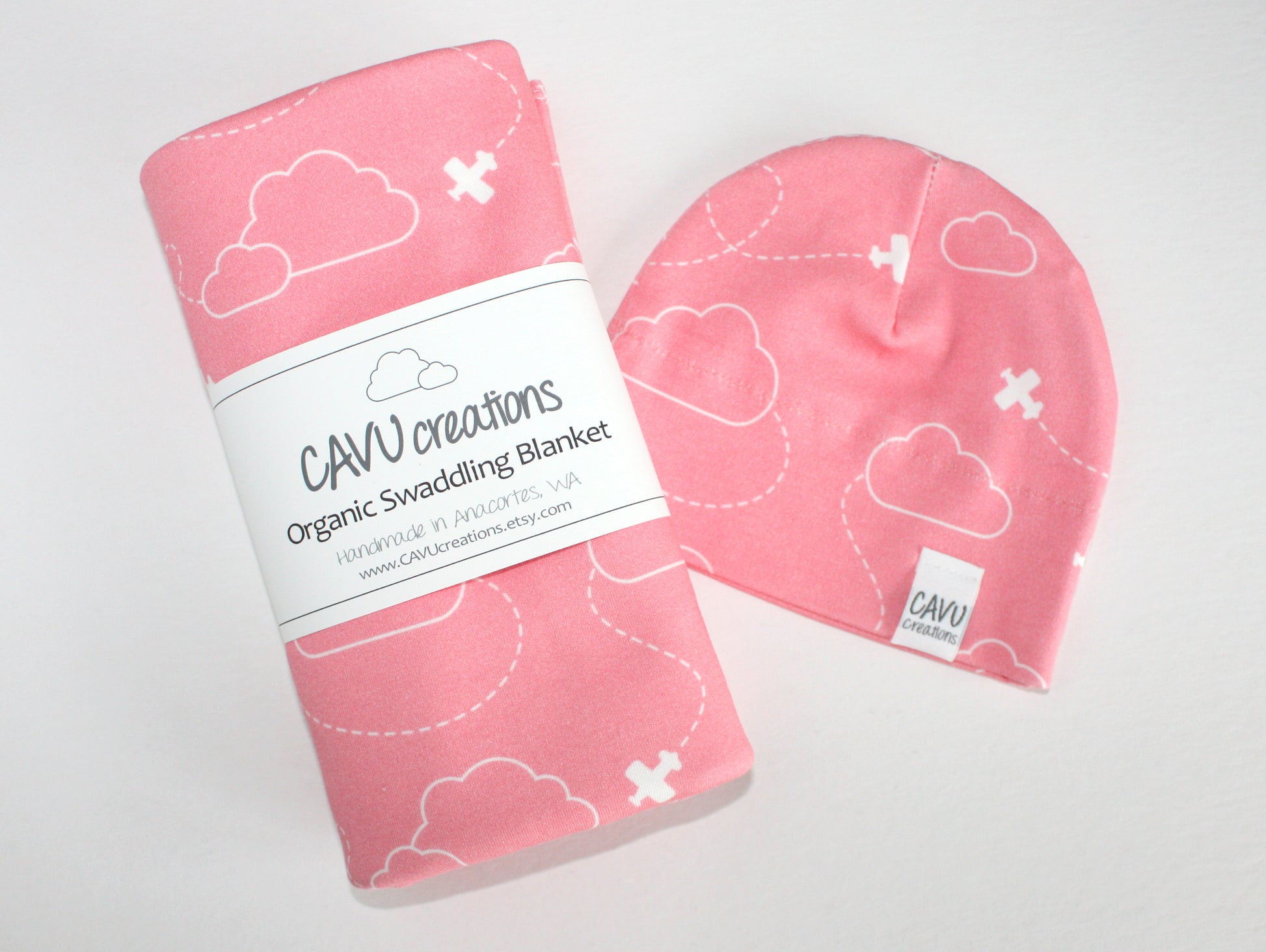 Airplanes in Clouds Organic Swaddling Blanket - White / Coral Pink - CAVU Creations