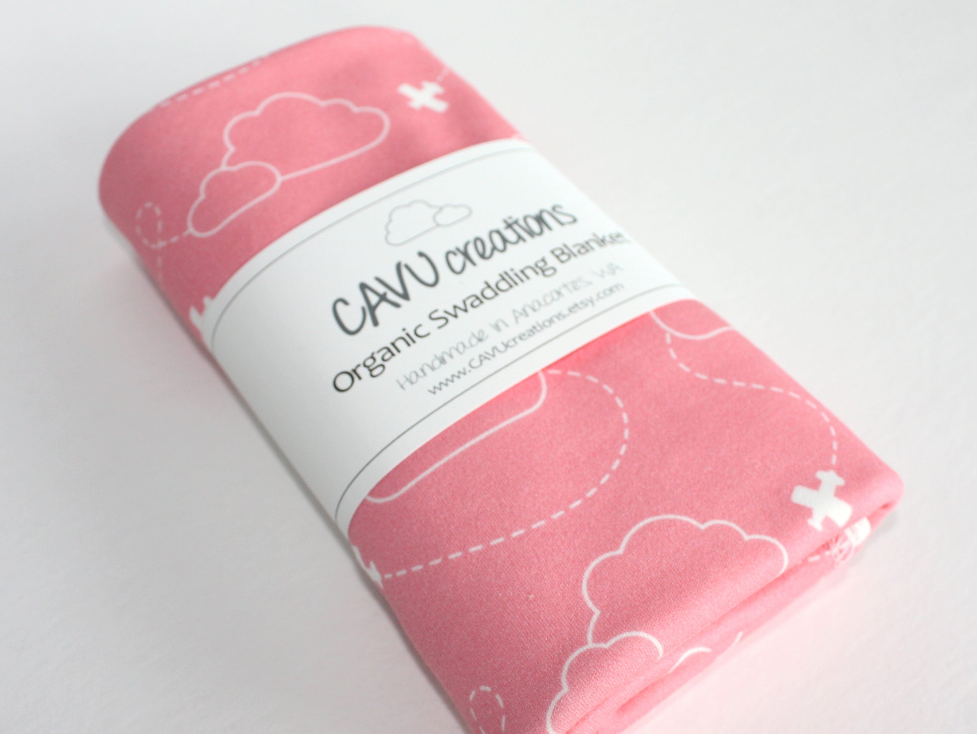 Airplanes in Clouds Organic Swaddling Blanket - White / Coral Pink - CAVU Creations