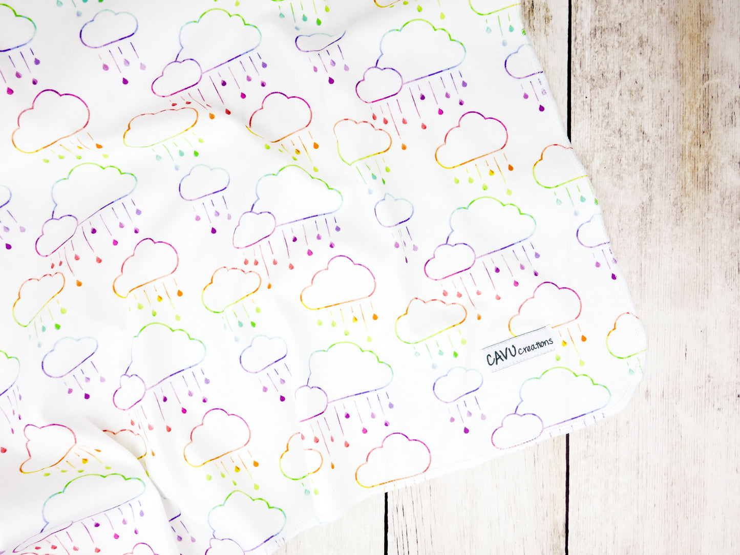 Clouds + Rain Organic Swaddling Blanket - Rainbow Prismatic on White - CAVU Creations