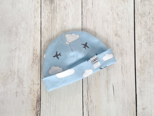 Jets in Clouds Organic Beanie - Gray / White / Sky Blue - CAVU Creations
