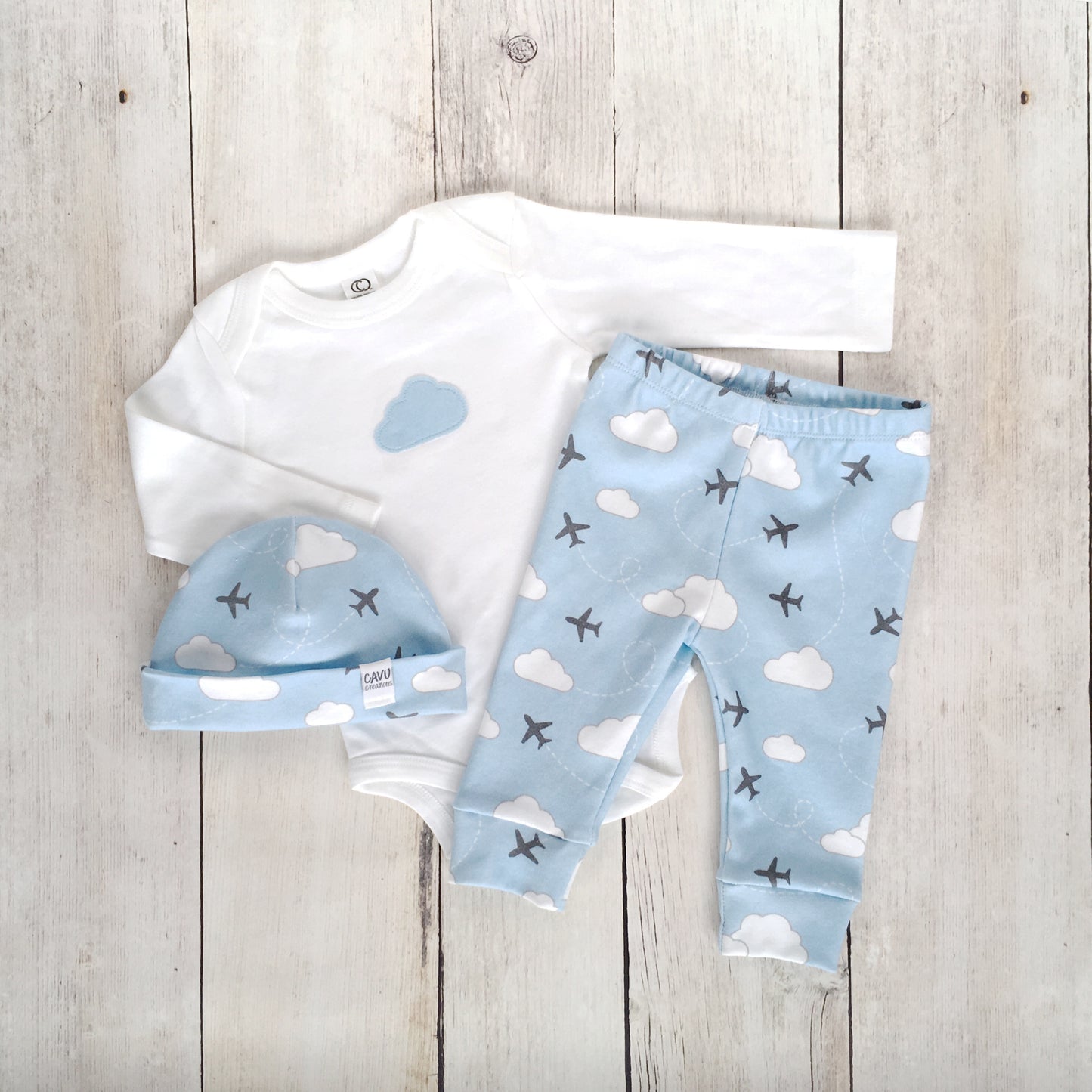 Jets in Clouds Organic Baby Leggings - Gray / White / Sky Blue - CAVU Creations