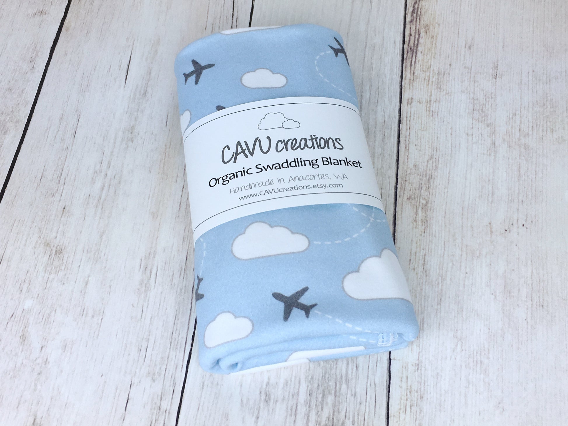 Jets in Clouds Organic Swaddling Blanket - Gray / White / Sky Blue - CAVU Creations