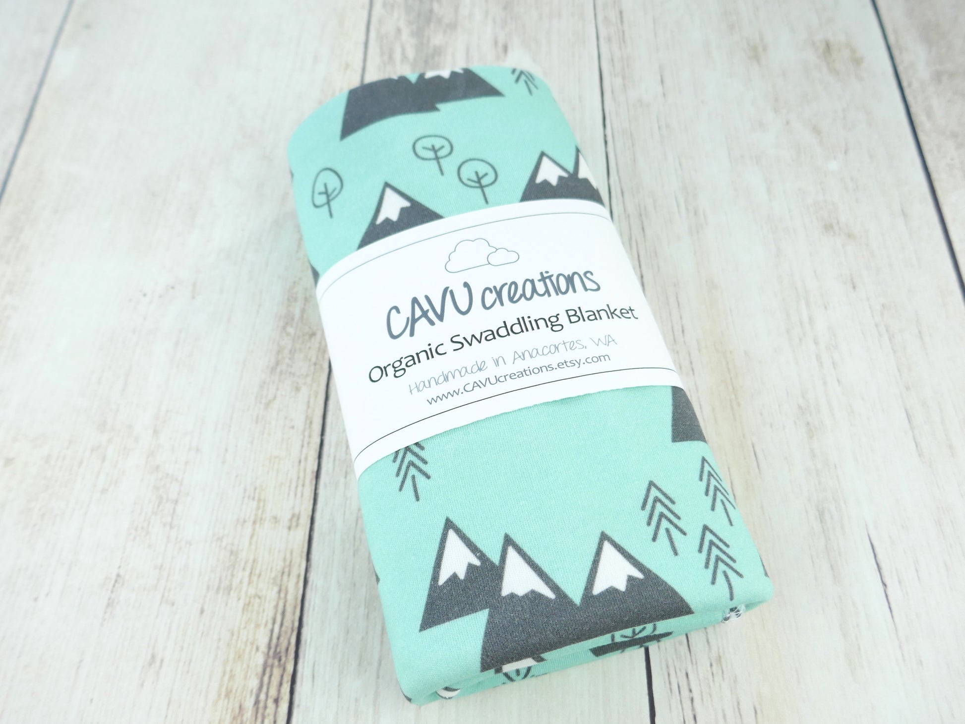 Mountains + Trees Organic Swaddling Blanket - Mint / Charcoal Gray / White - CAVU Creations