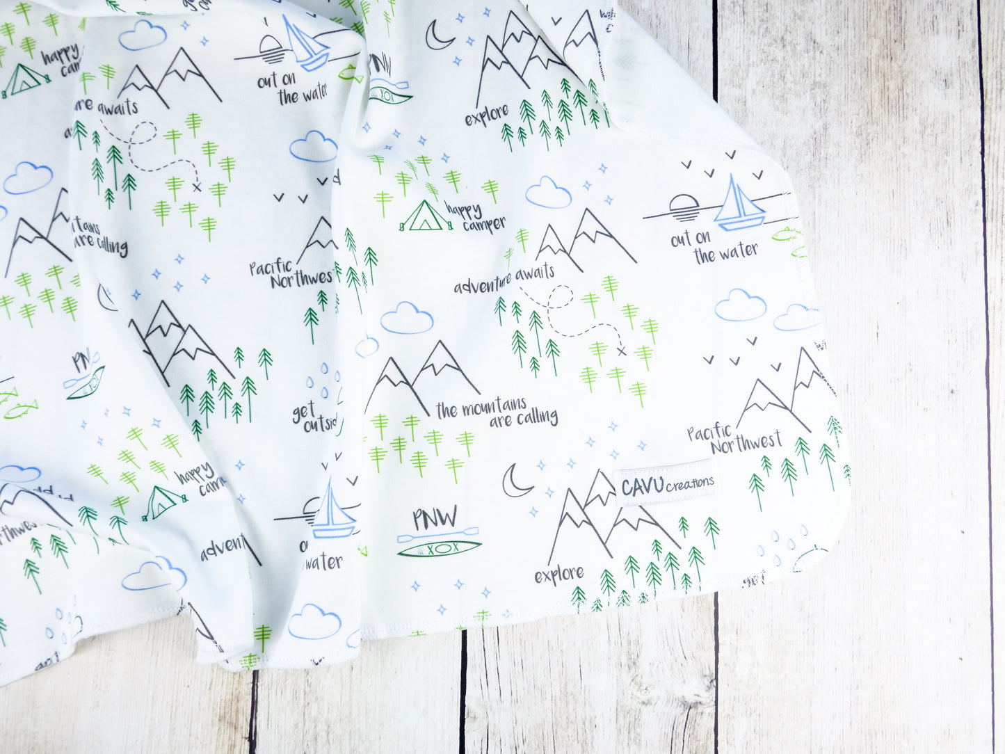 Perfectly PNW Organic Swaddling Blanket - Green / Blue / Gray / White - CAVU Creations