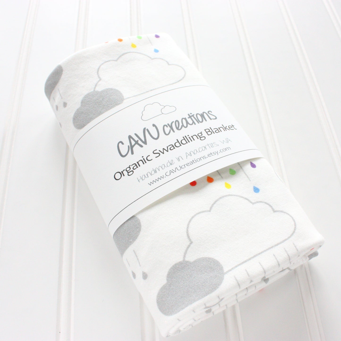 Clouds + Rain Organic Swaddling Blanket - Gray / Rainbow on White - CAVU Creations