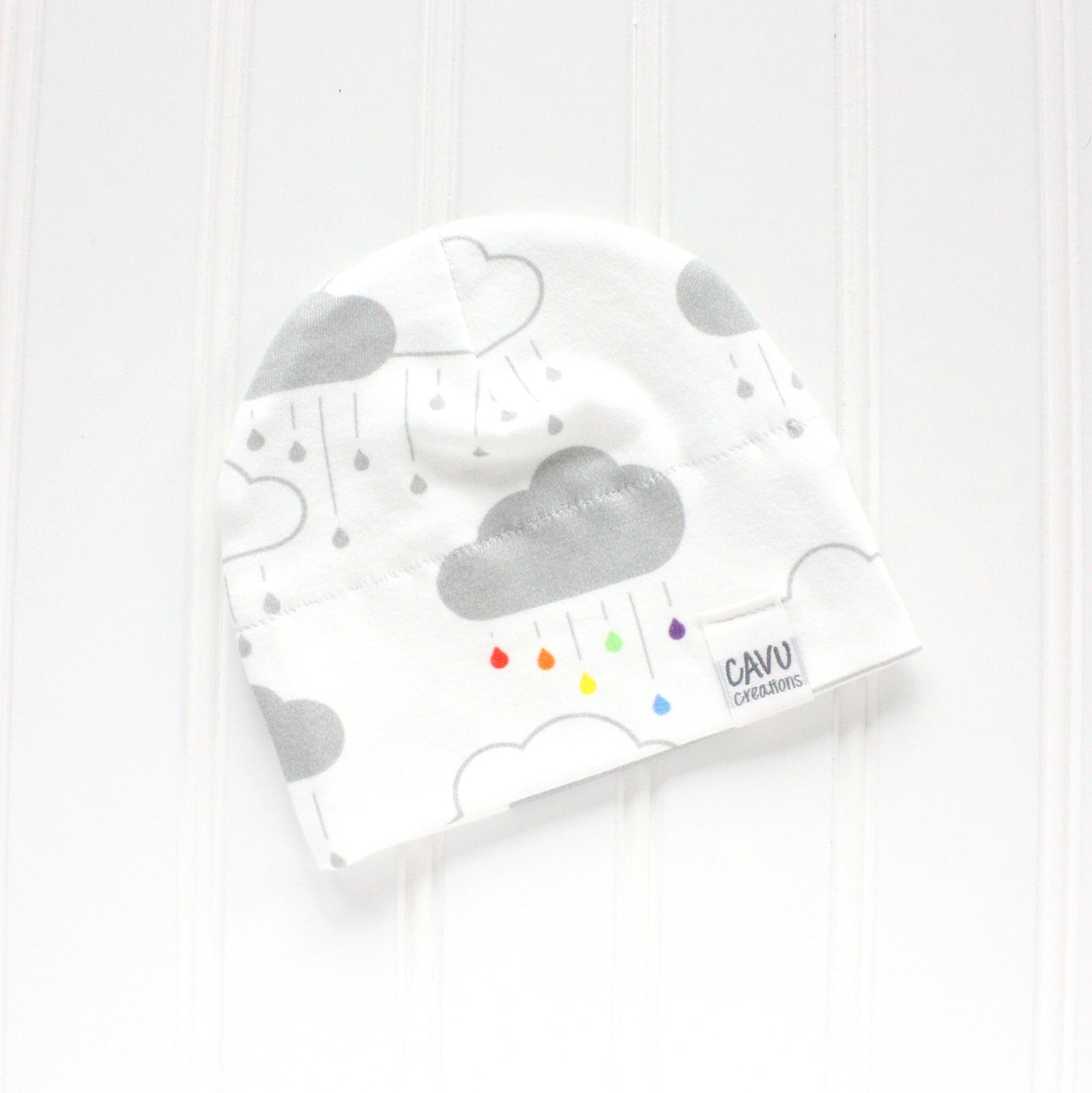 Clouds + Rain Organic Beanie - Rainbow / Gray on White - CAVU Creations