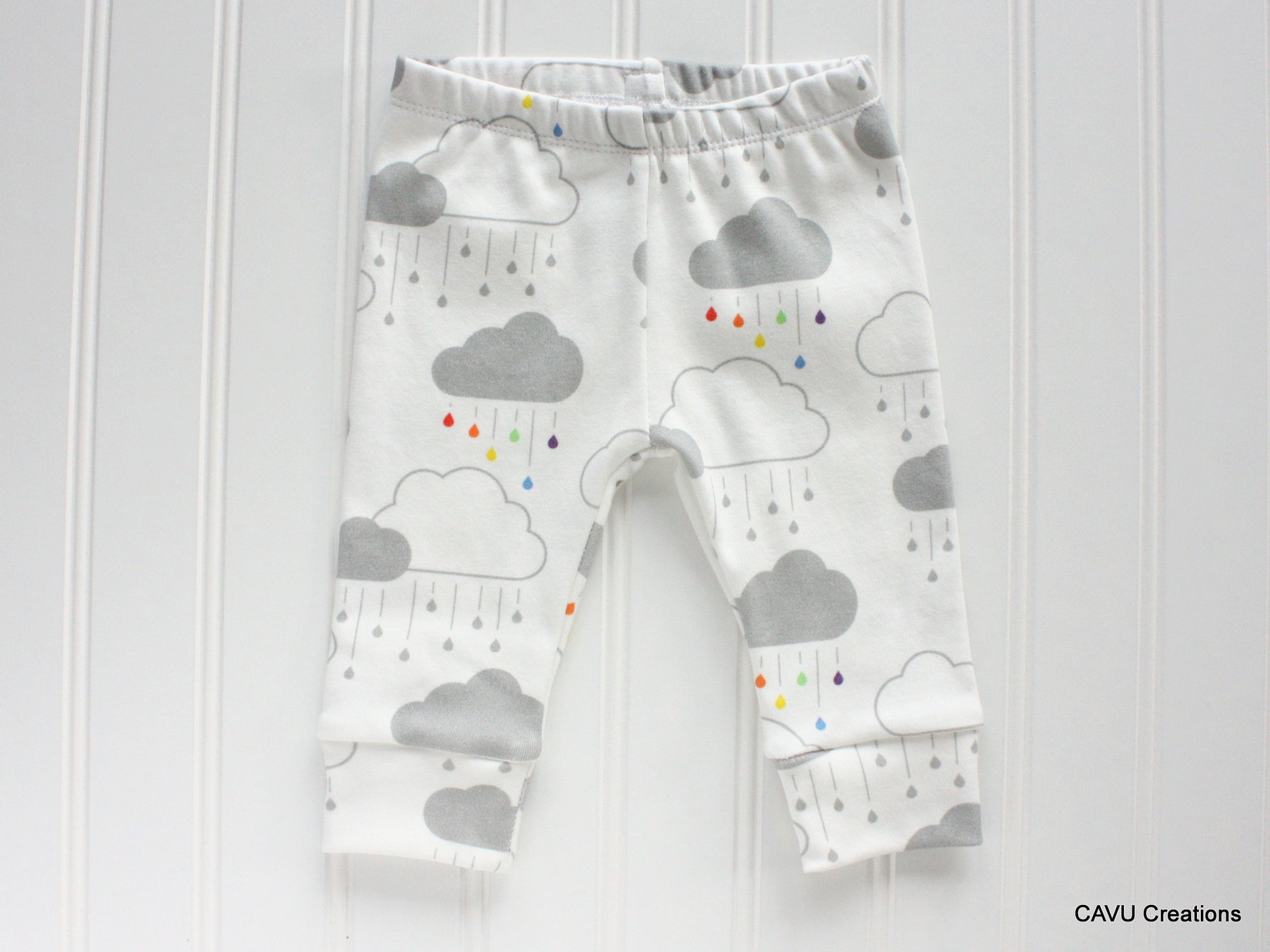 Clouds + Rain Organic Baby Leggings - Rainbow / Gray on White - CAVU Creations