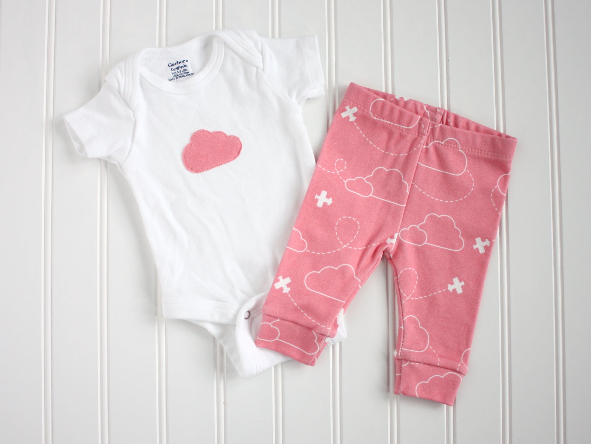 Airplanes in Clouds Organic Baby Leggings - White / Coral Pink - CAVU Creations