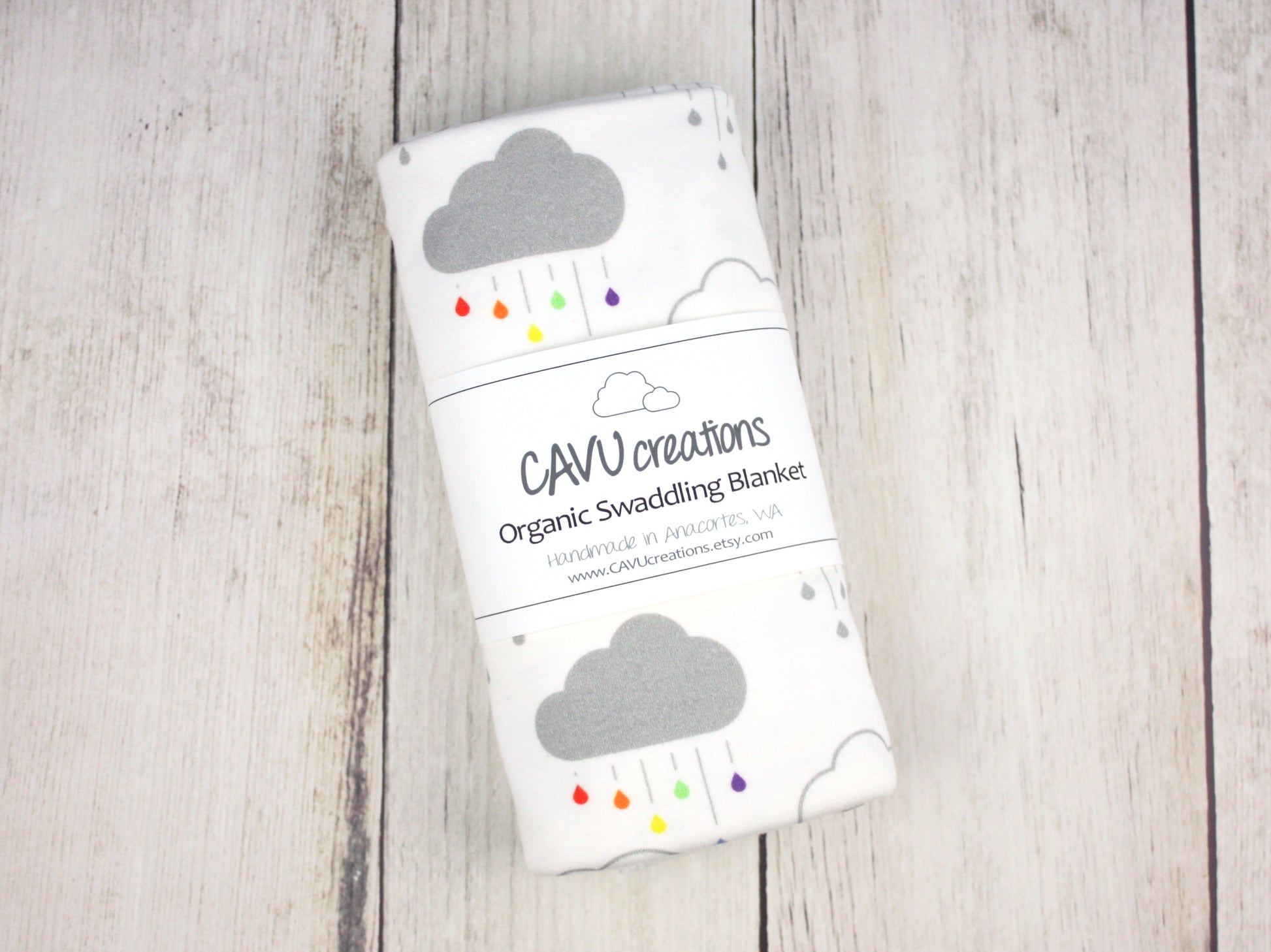 Clouds + Rain Organic Swaddling Blanket - Gray / Rainbow on White - CAVU Creations