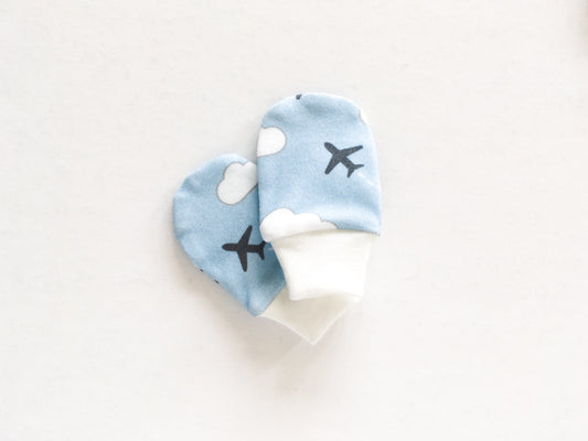 Jets in Clouds Organic Newborn Mittens - Gray / White / Light Blue - CAVU Creations