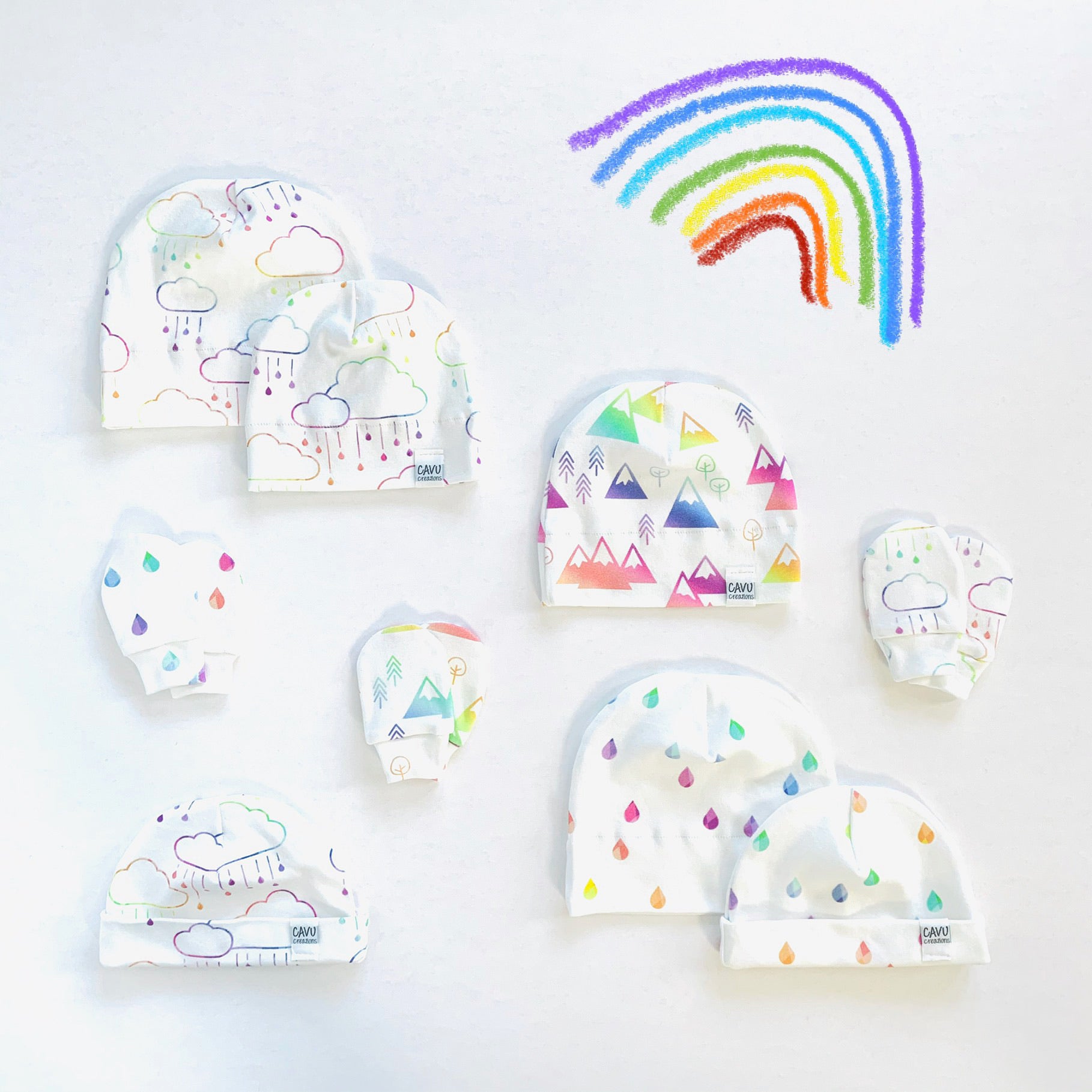 Mountains + Trees Organic Newborn Mittens - Rainbow Prismatic / White - CAVU Creations