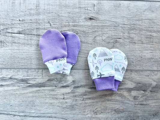 PNW Love Organic Newborn Mittens - Set of 2 - Purple / Mint / Gray / White