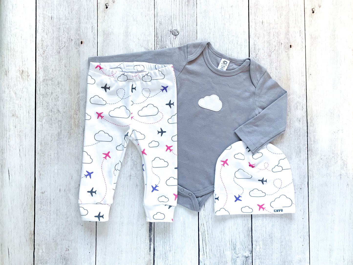 Jets in Clouds Organic Baby Leggings - Purple / Pink / Charcoal Gray / White