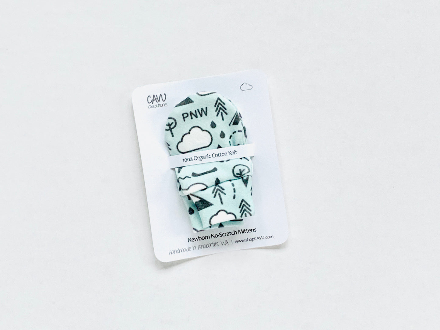 PNW Love Organic Newborn Mittens - Charcoal Gray / White / Mint - CAVU Creations