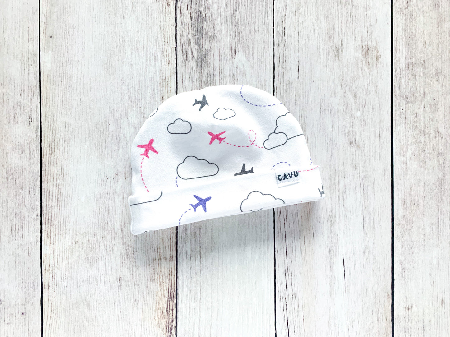 Jets in Clouds Organic Beanie - Purple / Pink / Charcoal Gray / White