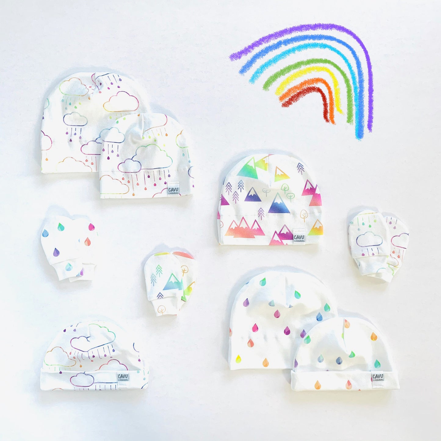 Clouds + Rain Organic Newborn Mittens - Rainbow Prismatic / White - CAVU Creations