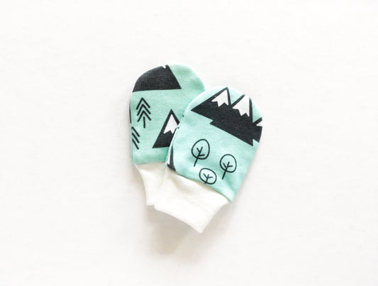 Mountains + Trees Organic Newborn Mittens - Mint / Charcoal Gray / White - CAVU Creations