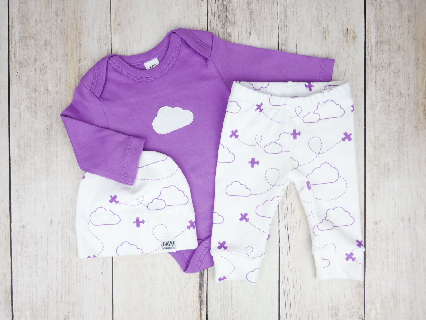 Airplanes in Clouds Organic Baby Leggings - Purple / White - CAVU Creations