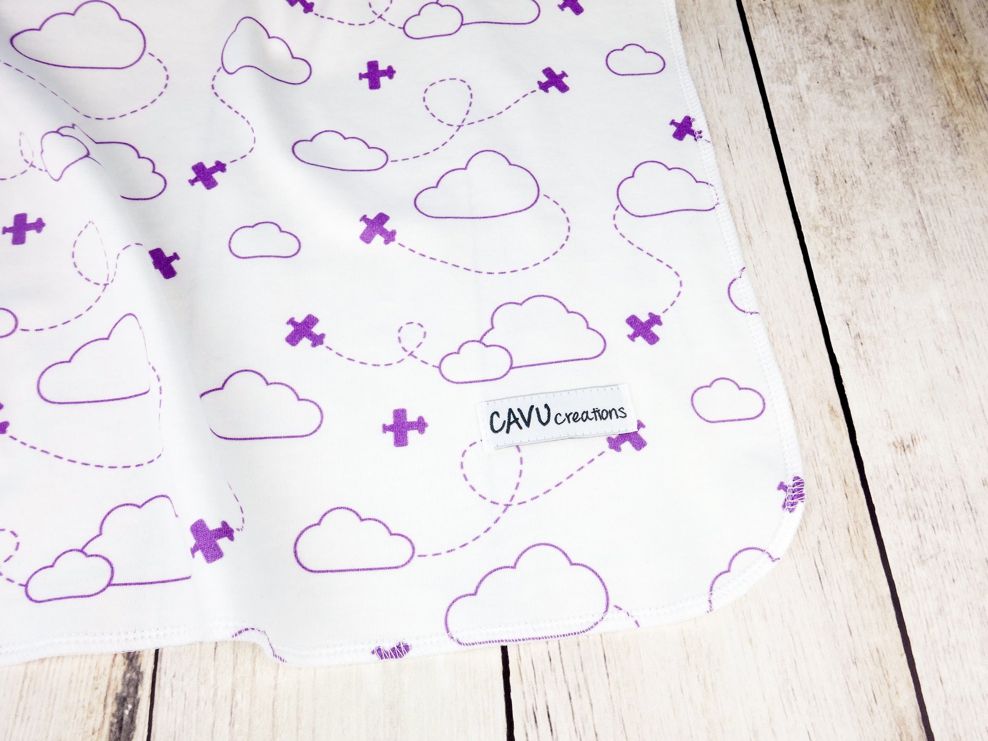 Airplanes in Clouds Organic Swaddling Blanket - Purple / White - CAVU Creations