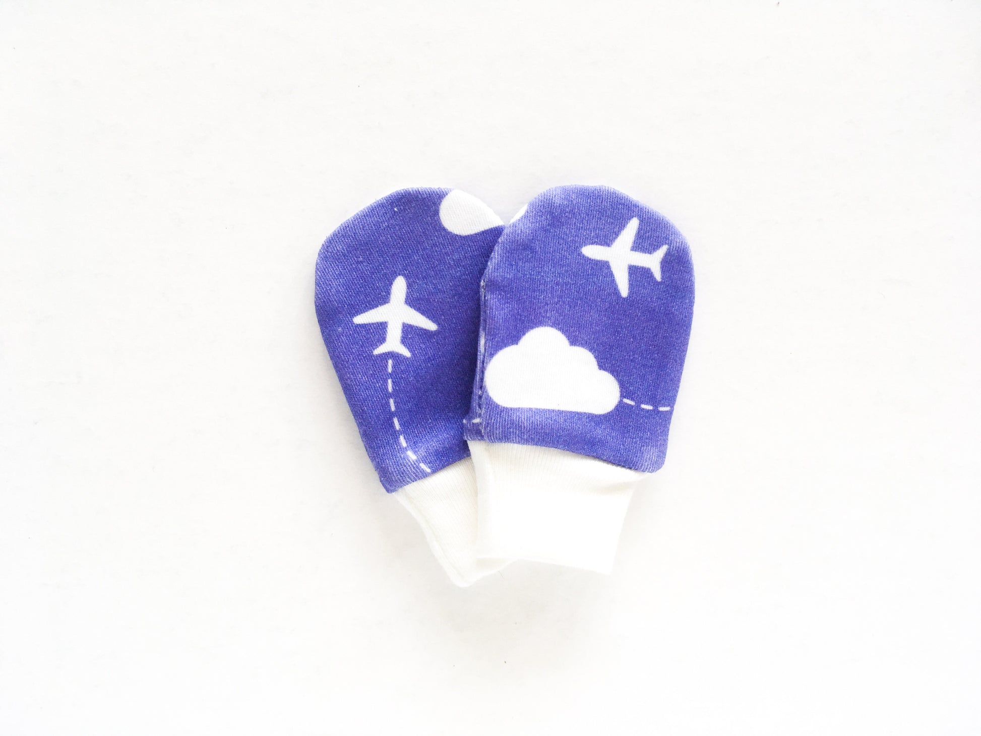 Jets in Clouds Organic Newborn Mittens - Purple / White - CAVU Creations