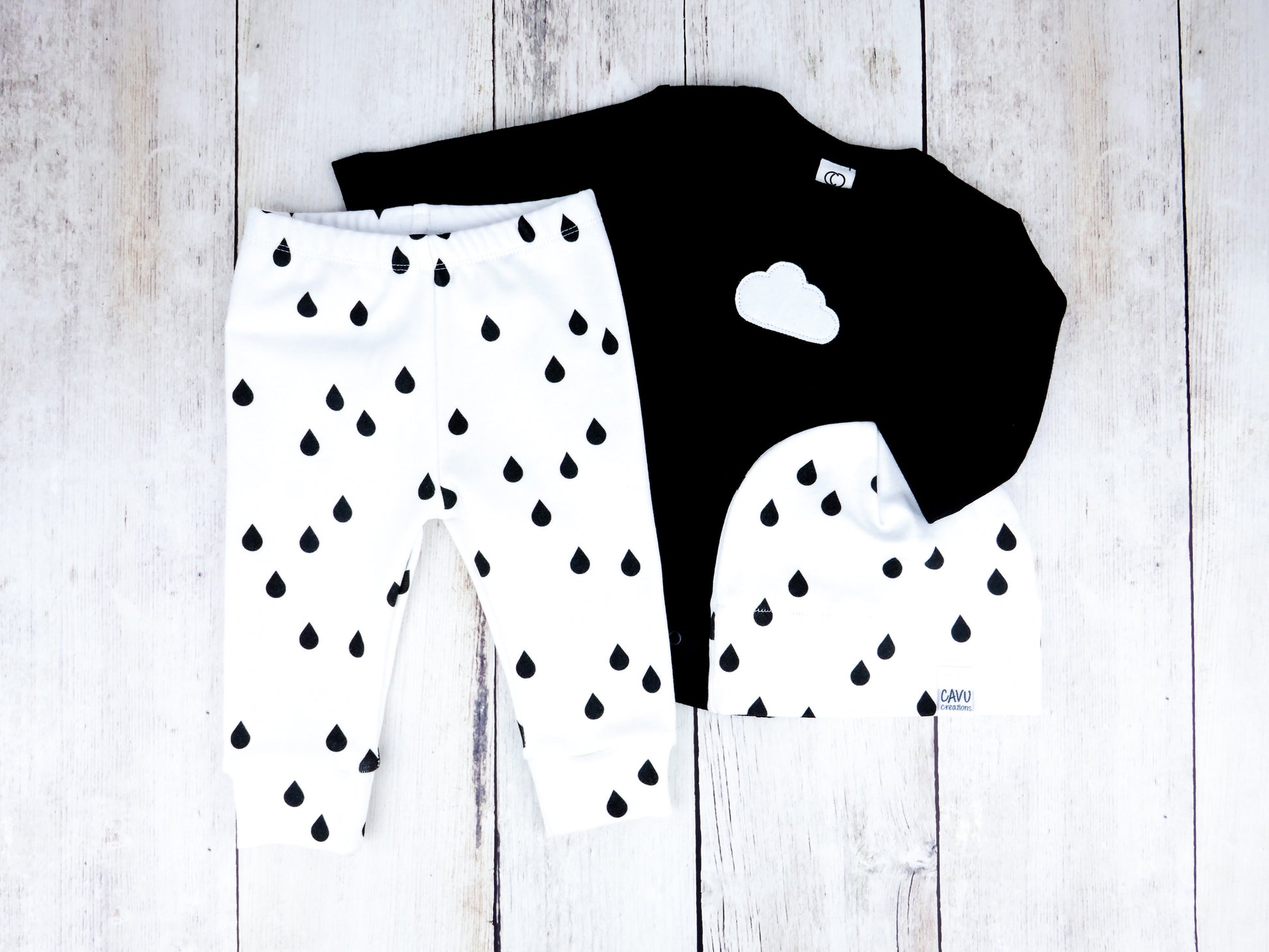 Rain Drops Organic Baby Leggings - Black / White - CAVU Creations