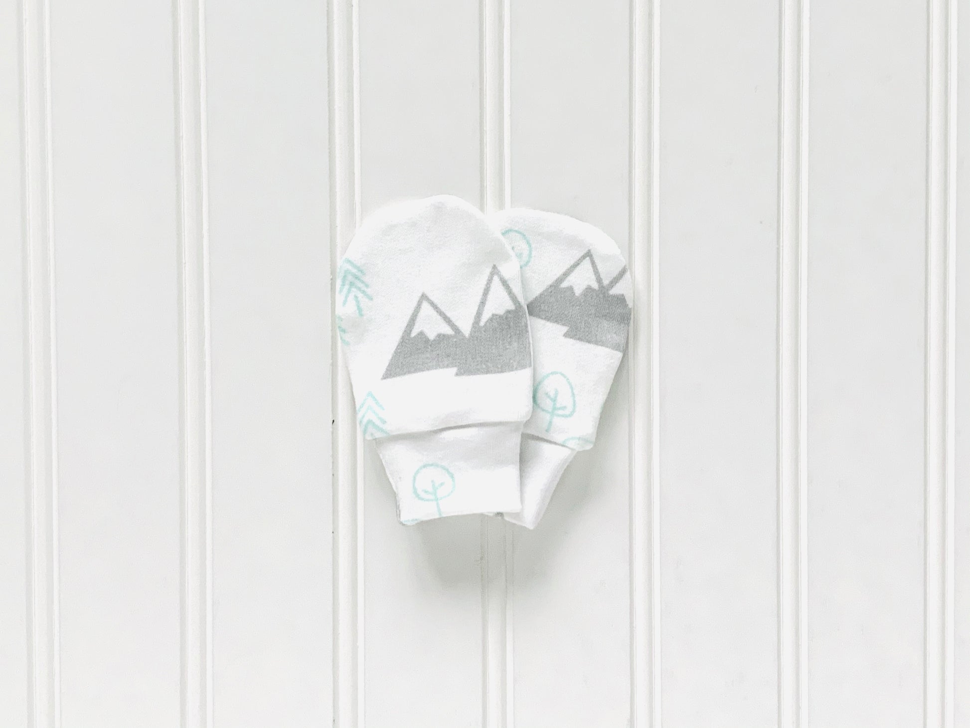 Mountains + Trees Organic Newborn Mittens - Mint / Gray / White - CAVU Creations