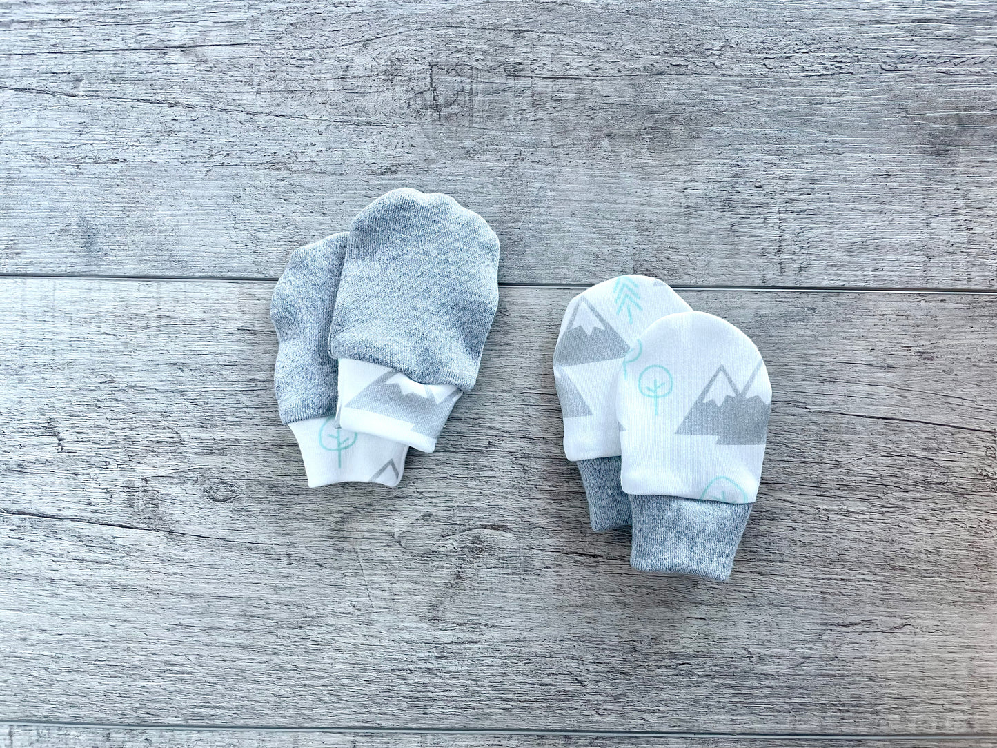 Mountains + Trees Organic Newborn Mittens - Set of 2 - Mint / White / Gray