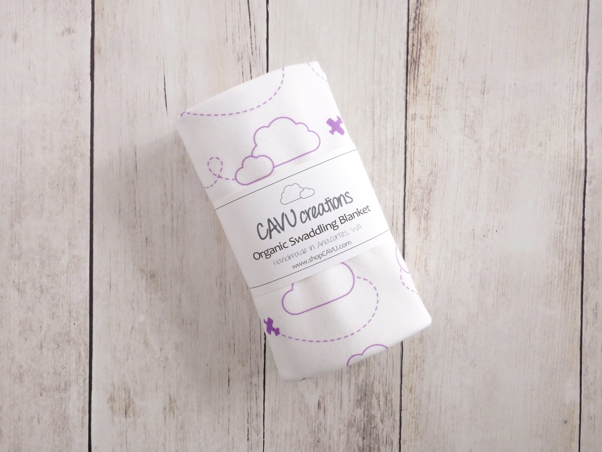 Airplanes in Clouds Organic Swaddling Blanket - Purple / White - CAVU Creations