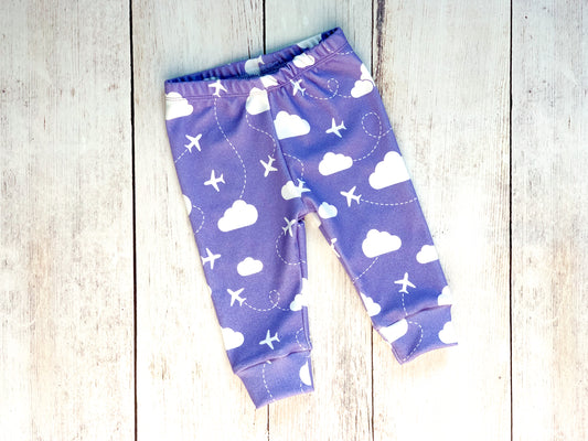 Jets in Clouds Organic Baby Leggings - Purple / White