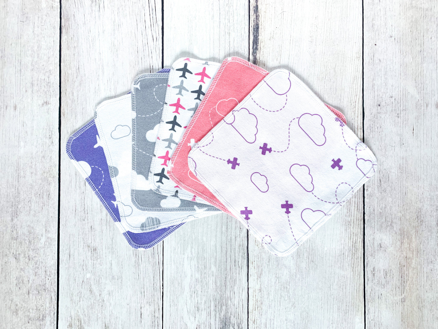 Airplanes in Clouds Organic Reusable Wipes (Set of 6) - Set #5 - Purple / Gray / Pink