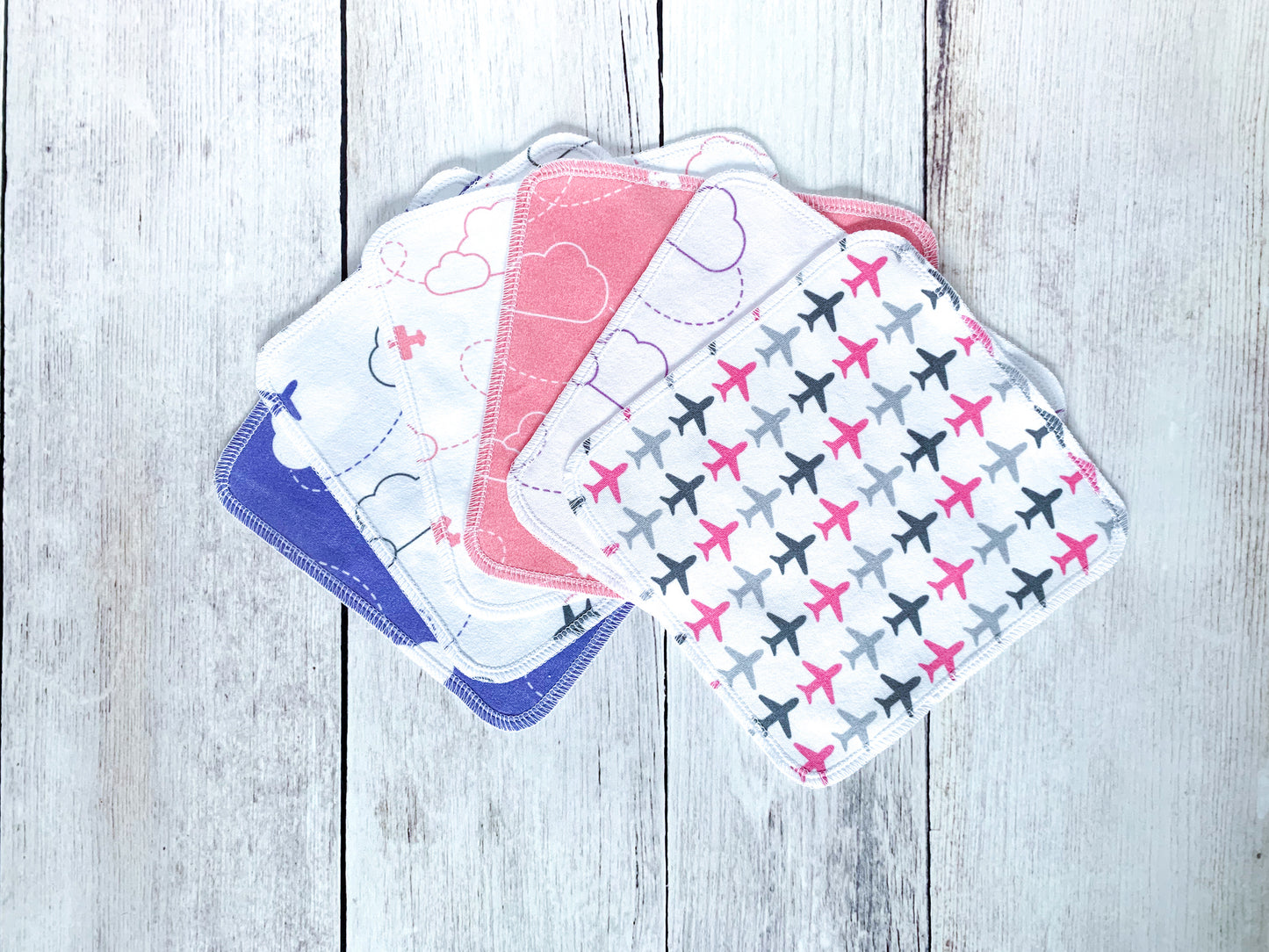 Airplanes in Clouds Organic Reusable Wipes (Set of 6) - Set #2 - Purple / Gray / Coral Pink