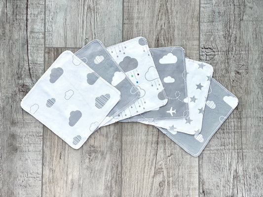 Up in the Sky Organic Reusable Wipes (Set of 6) - Set #12 - White / Gray