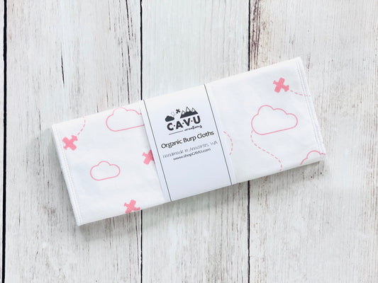 Airplanes in Clouds Organic Burp Cloths (Set of 2) - Coral Pink / White