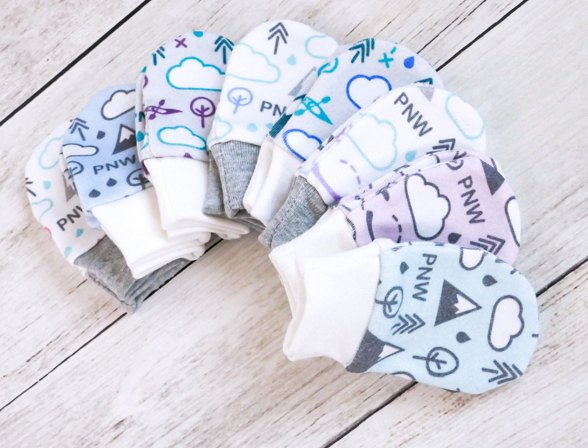 PNW Love Organic Newborn Mittens - Blue / Mint / Grays / White - CAVU Creations